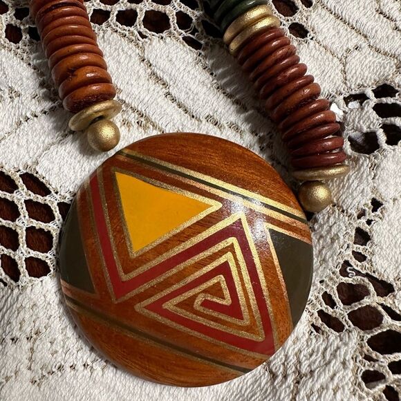 Vintage Wooden Statement stacked necklace with painted artistic design - Picture 2 of 7